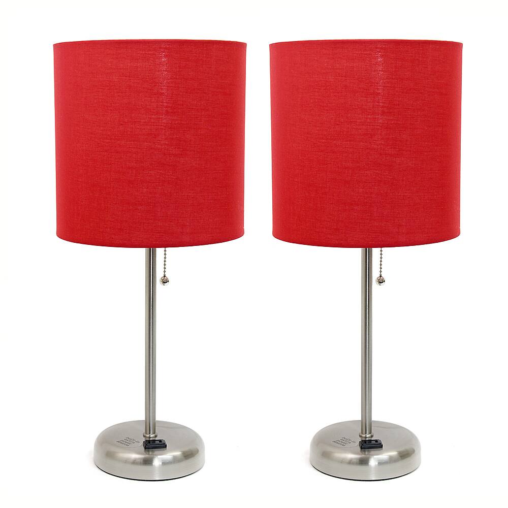 Angle View: Limelights - Brushed Steel Stick Lamp with Charging Outlet and Fabric Shade 2 Pack Set - Red