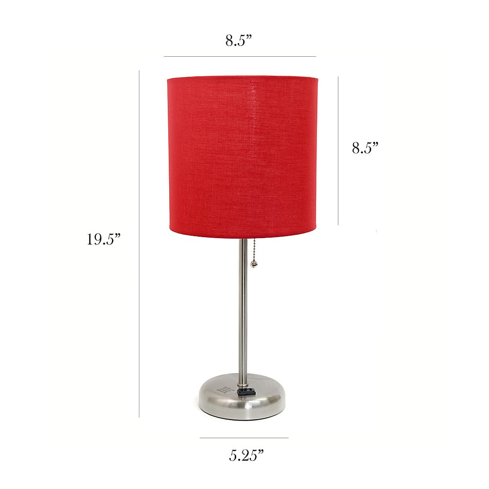 Left View: Limelights - Brushed Steel Stick Lamp with Charging Outlet and Fabric Shade 2 Pack Set - Red