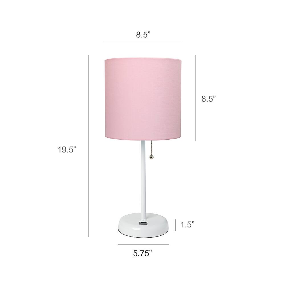 Left View: Limelights - White Stick Lamp with USB charging port and Fabric Shade 2 Pack Set - Light Pink