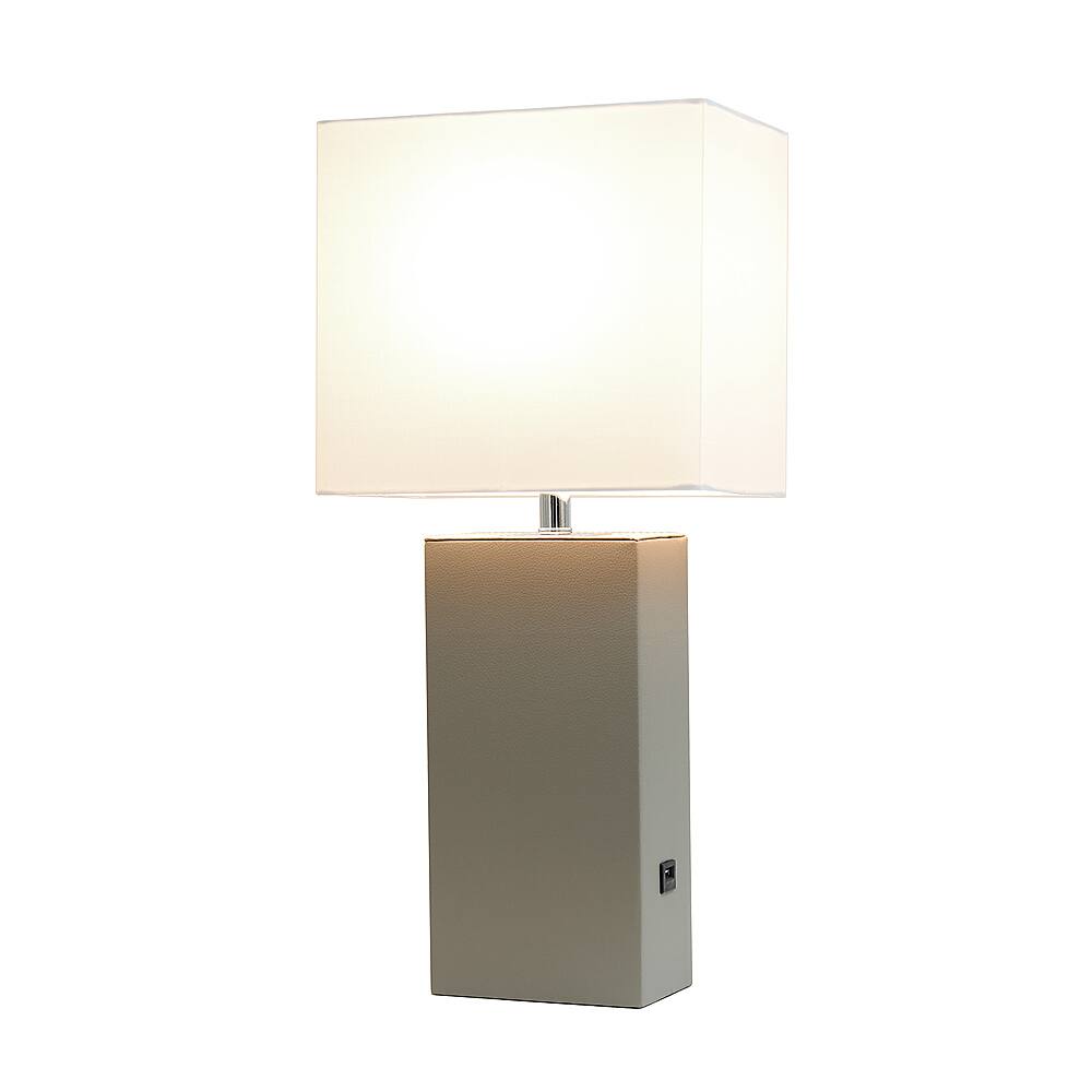 Front. Elegant Designs - Modern Leather Table Lamp with USB and White Fabric Shade - Grey.