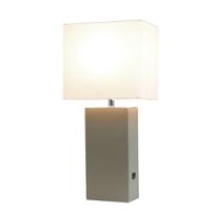 Elegant Designs - Modern Leather Table Lamp with USB and White Fabric Shade - Grey - Front_Zoom