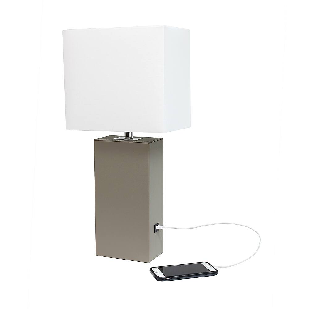 Alt View 13. Elegant Designs - Modern Leather Table Lamp with USB and White Fabric Shade - Grey.