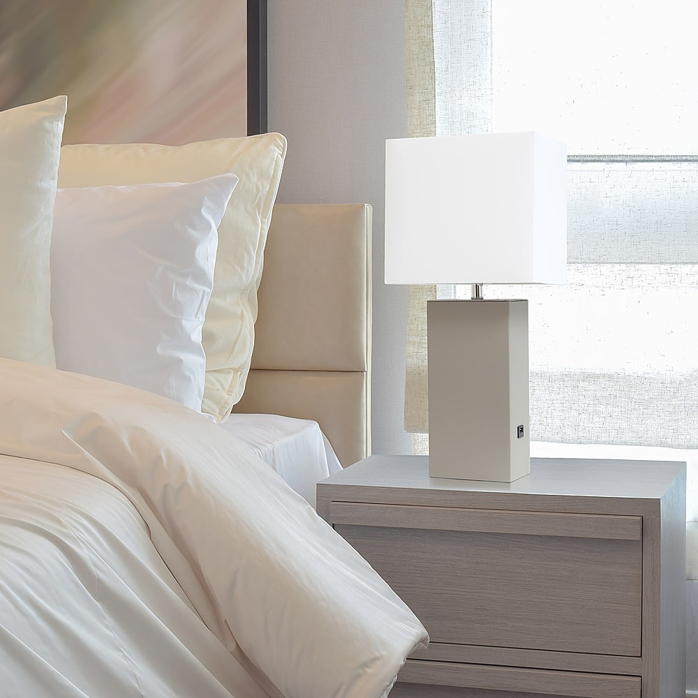 Left View: Elegant Designs - Modern Leather Table Lamp with USB and White Fabric Shade - Grey