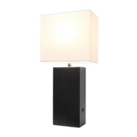 Elegant Designs - Modern Leather Table Lamp with USB and White Fabric Shade - Black - Front_Zoom
