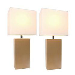 Elegant Designs - 2 Pack Modern Leather Table Lamps with White Fabric Shades - Beige - Front_Zoom
