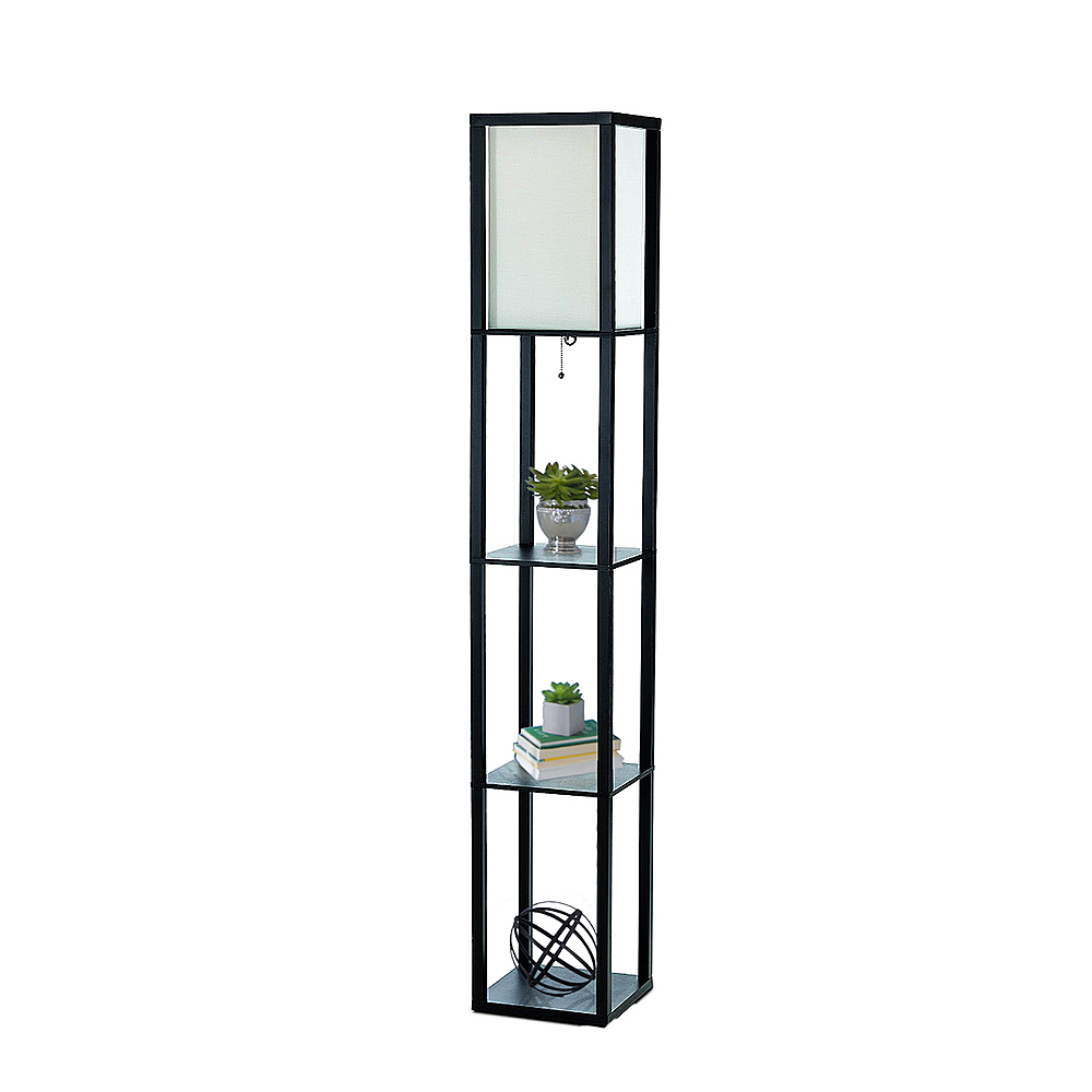 Left View: Simple Designs - Floor Lamp Etagere Organizer Storage Shelf with Linen Shade - Black/White