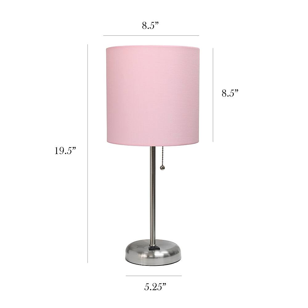 Left View: Limelights - Brushed Steel Stick Lamp with Charging Outlet and Fabric Shade 2 Pack Set