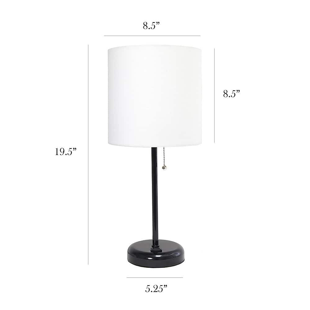 Left View: Limelights - Black Stick Lamp with Charging Outlet and Fabric Shade 2 Pack Set - White