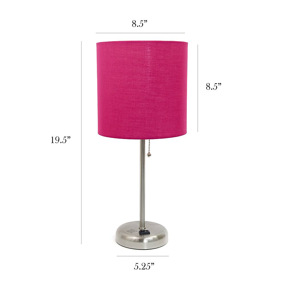 Left View: Limelights - Brushed Steel Stick Lamp with Charging Outlet and Fabric Shade 2 Pack Set