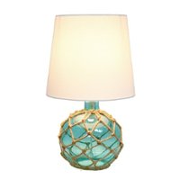 Elegant Designs - Buoy Rope Nautical Netted Coastal Ocean Sea Glass Table Lamp with White Fabric Shade - Aqua - Front_Zoom