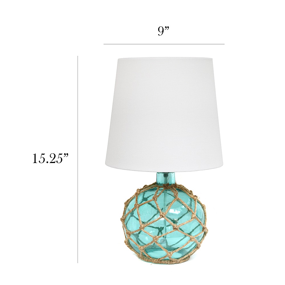 Left View: Elegant Designs Buoy Rope Nautical Netted Coastal Ocean Sea Glass Table Lamp with White Fabric Shade, Aqua