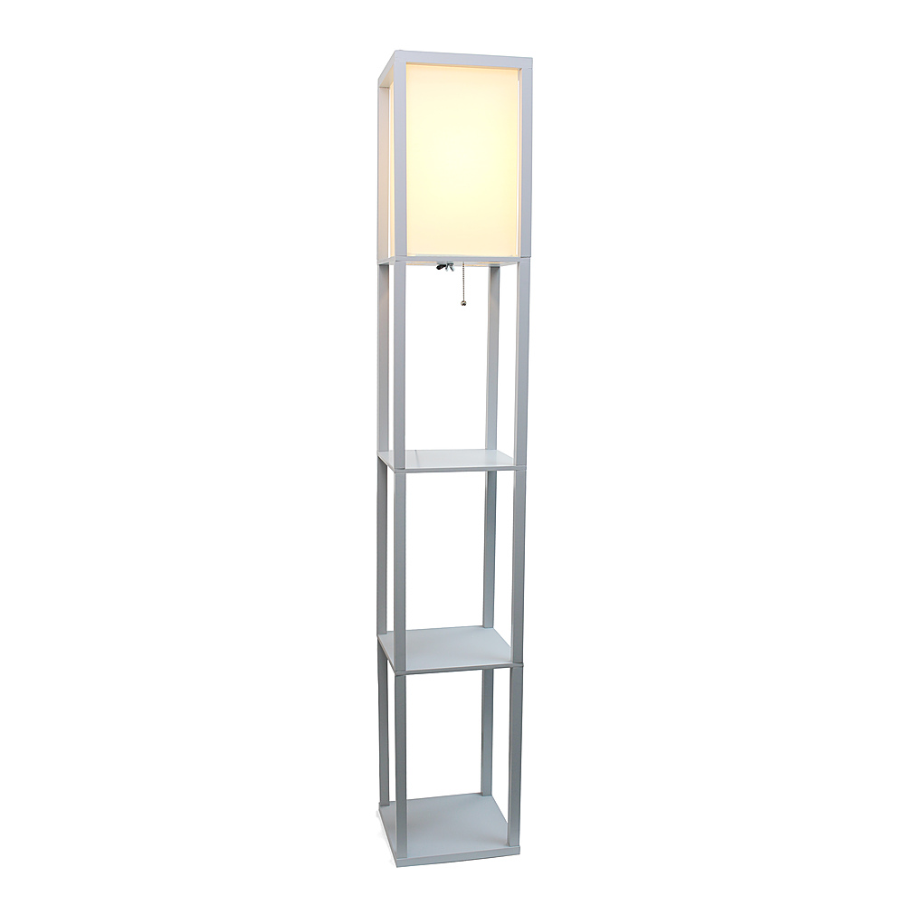 Left View: Simple Designs - Floor Lamp Etagere Organizer Storage Shelf with Linen Shade - Silver/White