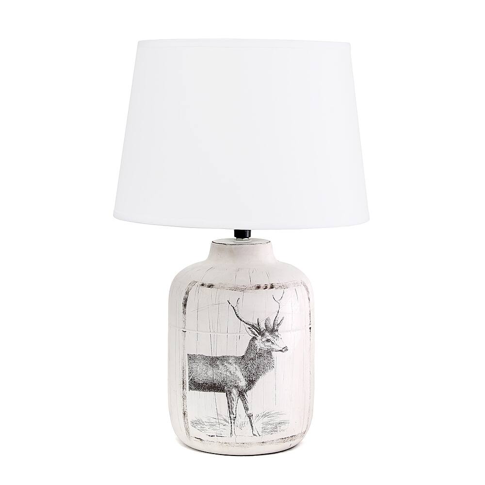 Angle View: Simple Designs Rustic Deer Buck Nature Printed Ceramic Farmhouse Accent Table Lamp with Fabric Shade