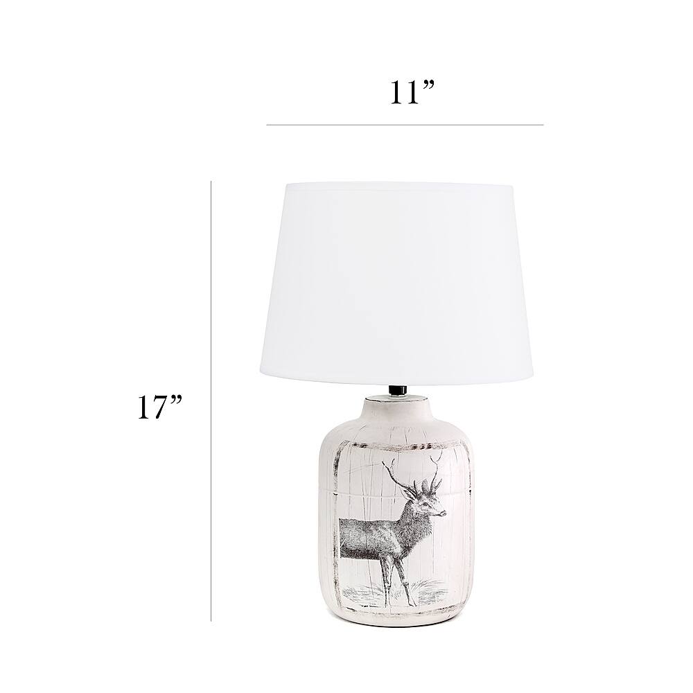 Left View: Simple Designs Rustic Deer Buck Nature Printed Ceramic Farmhouse Accent Table Lamp with Fabric Shade