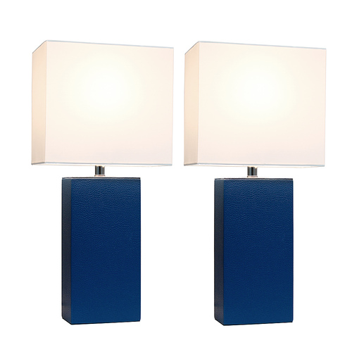 Elegant Designs 2 Pack Modern Leather Table Lamps with White Fabric Shades, Blue