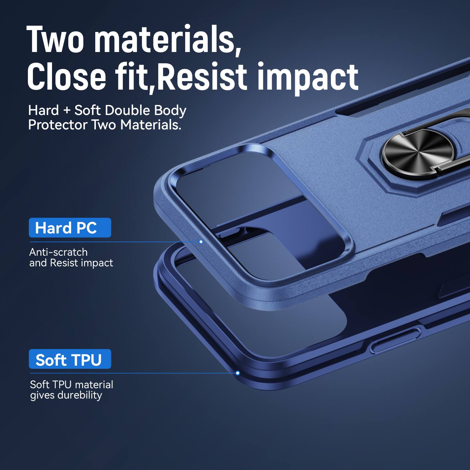 Two materials, Close fit, Resist impact  
Hard + Soft Double Body Protector Two Materials.  
Hard PC  
Anti-scratch and Resist impact  
Soft TPU  
Soft TPU material gives durability