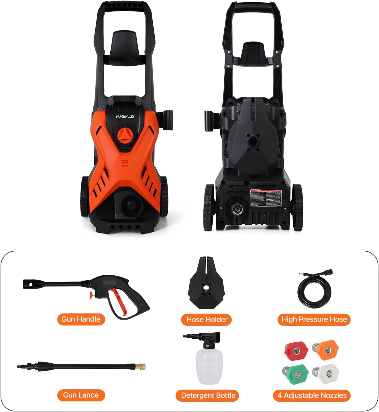 PUREPLUS Gun Handle Hose Holder High Pressure Hose 3 Gun Lance Detergent Bottle 4 Adjustable Nozzles