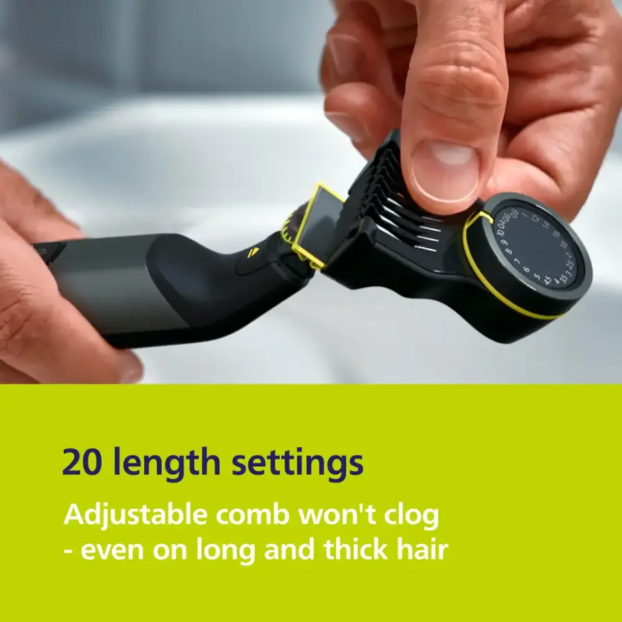 The text on the image is grouped and corrected as follows:

"20 length settings - Adjustable comb won't clog - even on long and thick hair."