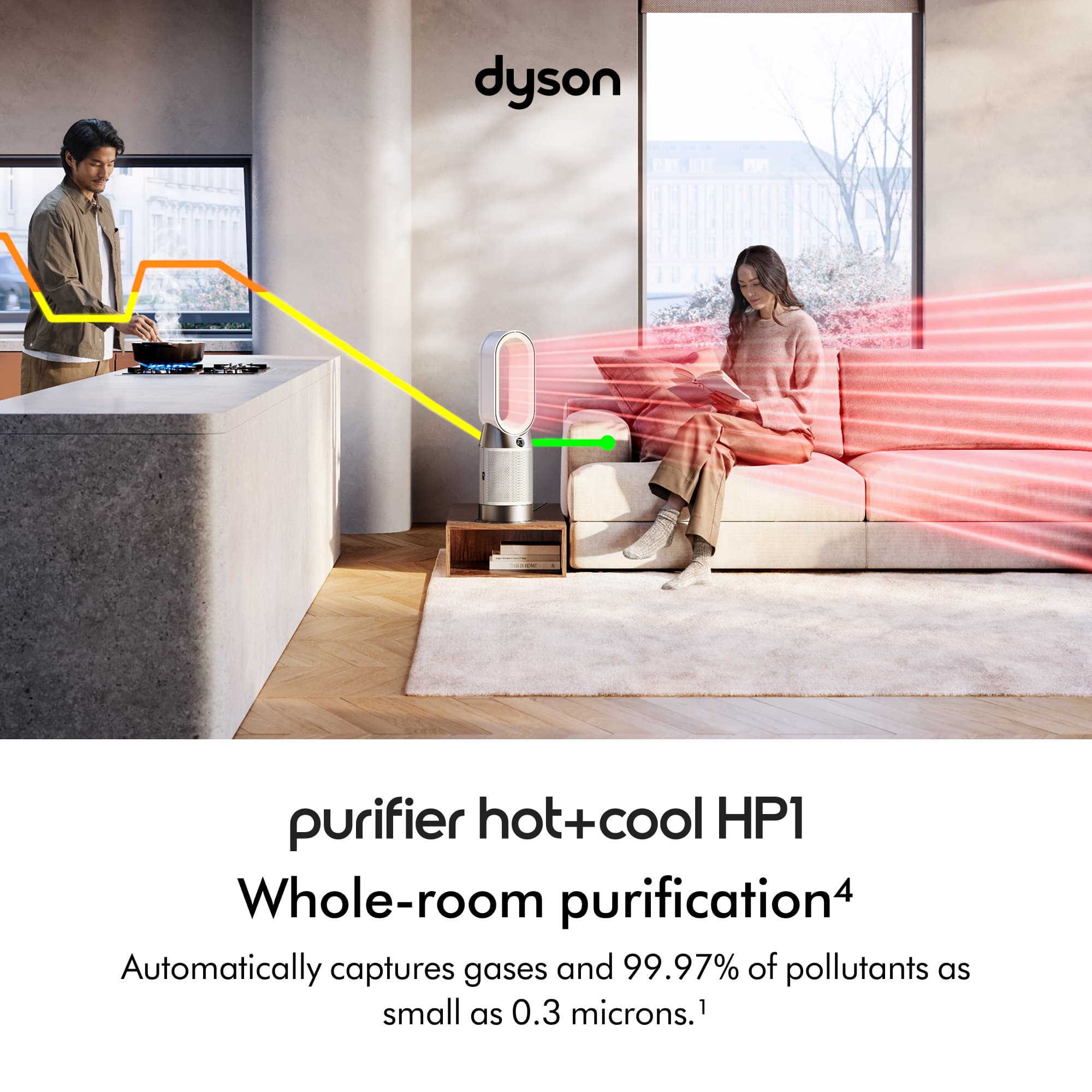 dyson purifier hot+cool HP1 Whole-room purification. Automatically captures gases and 99.97% of pollutants as small as 0.3 microns.