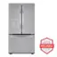 The image features a large, silver, double door refrigerator with a freezer on the bottom. It is a full-size refrigerator, and it is part of the LG TEU line, which is known for its reliability. The refrigerator is displayed in a white background, and it is accompanied by a logo that reads "America's Most Reliable Line of Appliances." This suggests that the refrigerator has been recognized for its dependability and quality.