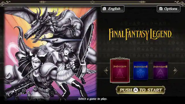 The image features a video game with a dragon and a person on the screen. The game is titled Final Fantasy Legend. The game is displayed in English, and there is a button to push to start the game. - E10+ (Everyone 10+)