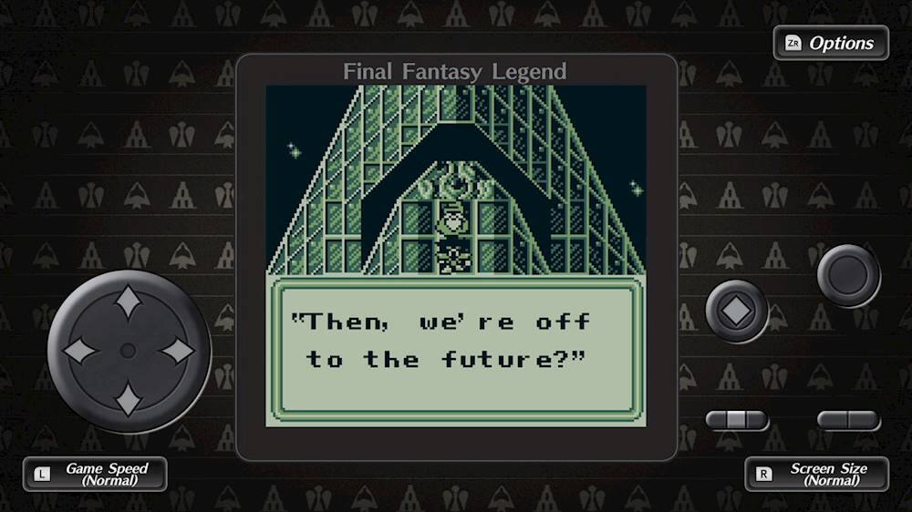 The image features a video game with a Final Fantasy Legend ZR game on the screen. The game is displayed on a Nintendo DS, and the text on the screen reads, "Then, we're off to the future?" The game has options for screen size and game speed, with the screen size set to normal and the game speed set to normal.