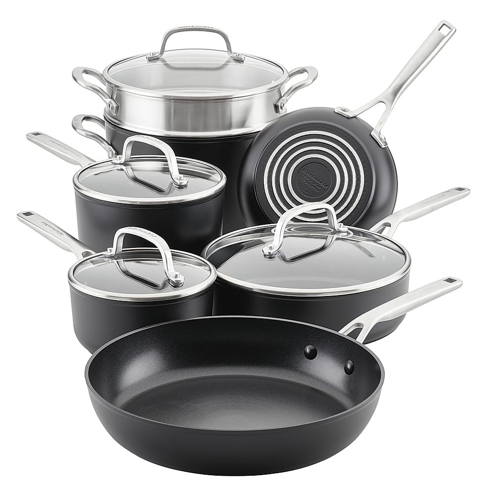 Angle. KitchenAid - Hard-Anodized Induction Nonstick Cookware Set, 11-Piece - Matte Black.