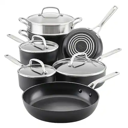 Angle. KitchenAid - Hard-Anodized Induction Nonstick Cookware Set, 11-Piece - Matte Black.