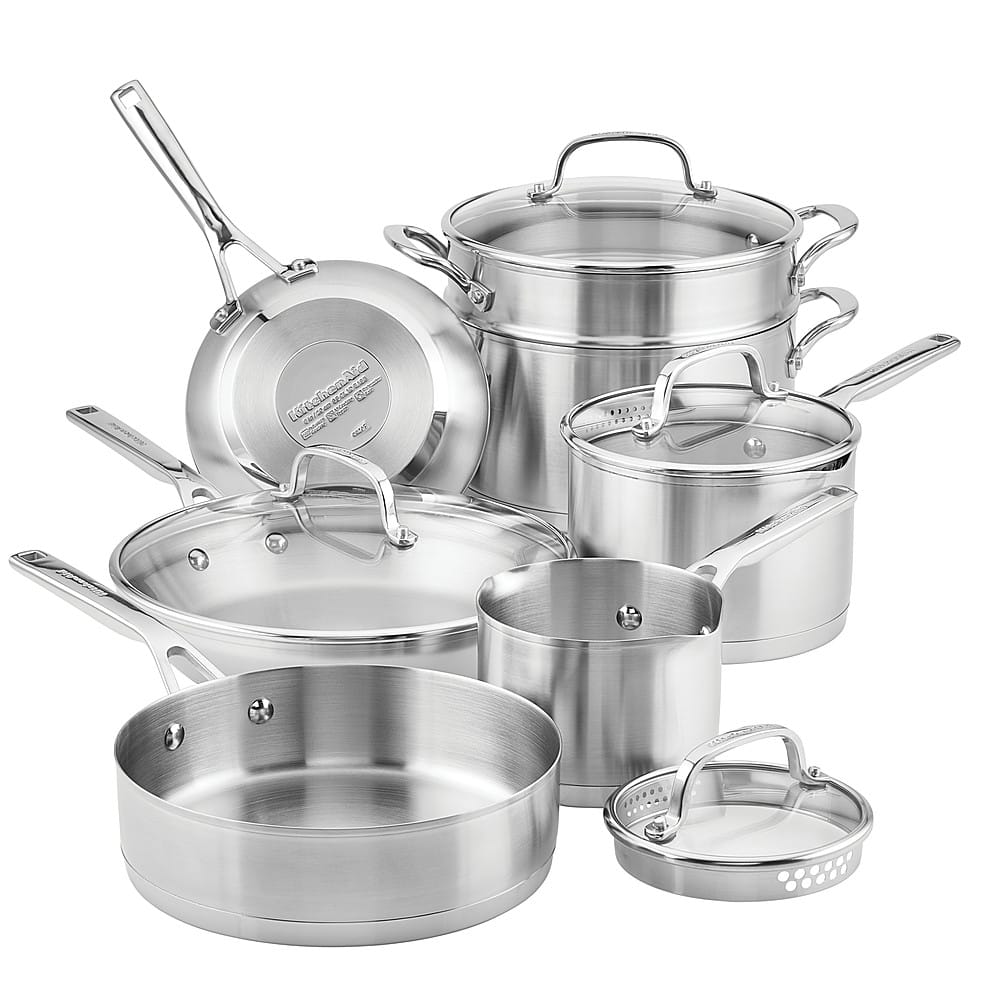 Angle. KitchenAid - 3-Ply Base Stainless Steel Cookware Set, 11-Piece - Brushed Stainless Steel.