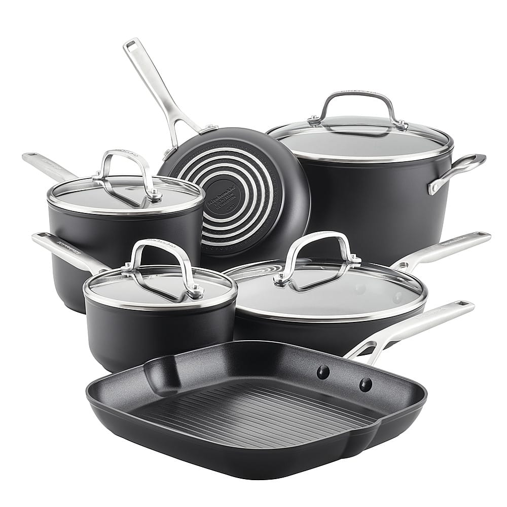 Angle. KitchenAid - Hard-Anodized Induction Nonstick Cookware Set, 10-Piece - Matte Black.