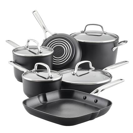 Angle. KitchenAid - Hard-Anodized Induction Nonstick Cookware Set, 10-Piece - Matte Black.
