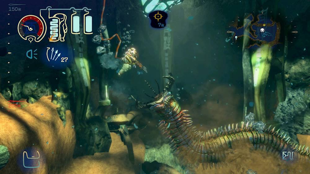 The image shows a person underwater, surrounded by various sea creatures such as a large sea worm and a jellyfish. The person is holding a spear, possibly preparing to attack or defend themselves from the sea creatures. The scene is reminiscent of a video game, with the person being a character in the game. The image also features a clock, which could be related to the game's time-based elements or serve as a reference for the player.