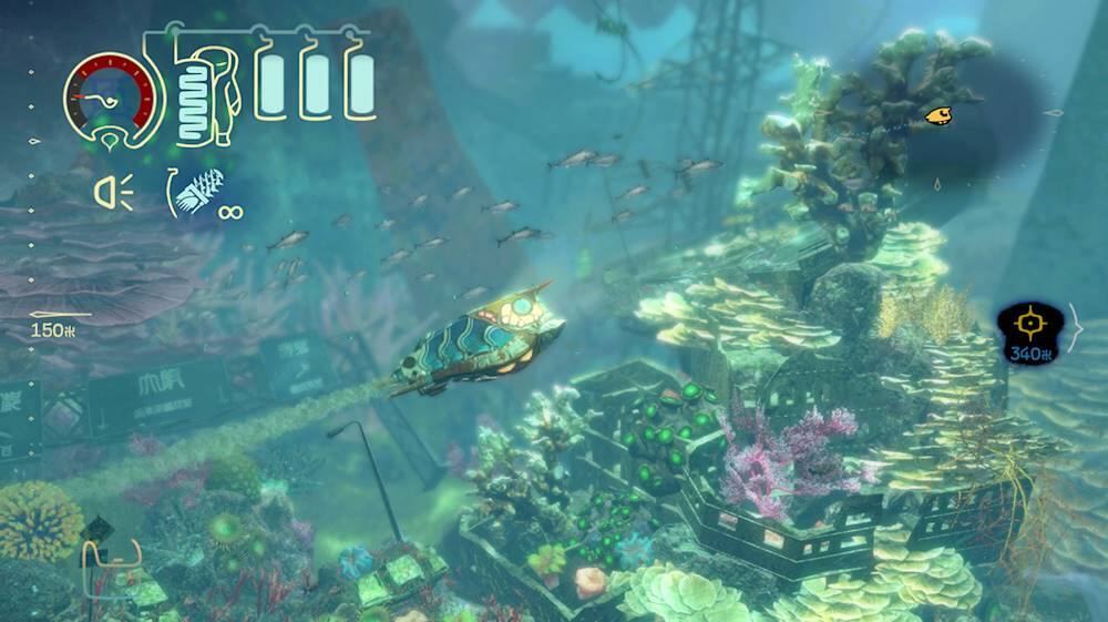 The image features a video game with a submarine in a deep sea environment. The game appears to be a simulation of an underwater world, with various fish and marine life surrounding the submarine. The submarine is located near the center of the image, and there are multiple fish scattered throughout the scene. The game is likely designed to provide an immersive experience for players, allowing them to explore and interact with the underwater world.