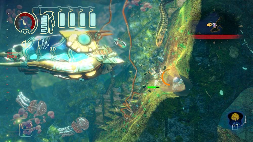 The image shows a video game with a spaceship flying through a colorful underwater environment. The spaceship is surrounded by various sea creatures, including a large octopus and a smaller one. The game appears to be a shooter game, with the spaceship possibly being a submarine. The scene is filled with vibrant colors and interesting details, making it an engaging and visually appealing game.