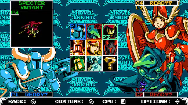 The image features a video game with a character dressed as a knight, and another character dressed as a shovel knight. The game is displayed on a screen with various options and settings. The largest text on the screen reads "READY?", indicating that the game is ready to be played. The other text on the screen includes "SPECTER KNIGHT", "SHOVEL KNIGHT", "SHOWDOWN", "CROWD P1", "CROWD P2", "CROWD P3", "CROWD C4", "SHOVEL KNIGHT", "SHOVEL SHOWDOWN", "SHOVEL SHOWDOWN", "SHOVEL SHOWDOWN", "SHOVEL SHOWDOWN", "SHOVEL SHOWDOWN", "SHOVEL SHOWDOWN", "SHOVEL SHOWDOWN", "SHOVEL SHOWDOWN", "SHOVEL SHOWDOWN", "SHOVEL SHOWDOWN", "SHOVEL SHOWDOWN", "SHOVEL SHOWDOWN", "SHOVEL SHOWDOWN", "SHOVEL SHOWDOWN", "SHOVEL SHOWDOWN", "SHOVEL SHOWDOWN", "SHOVEL SHOWDOWN", "SHOVEL SHOWDOWN", "SHOVEL SHOWDOWN", "SHOVEL SHOWDOWN", "SHOVEL SHOWDOWN", "SHOVEL SHOWDOWN", "SHOVEL SHOWDOWN", "SHOVEL SHOWDOWN", "SHOVEL SHOWDOWN", "SHOVEL SHOWDOWN", "SHOVEL SHOWDOWN", "SHOVEL SHOWDOWN", "SHOVEL SHOWDOWN", "SHOVEL SHOWDOWN", "SHOVEL SHOWDOWN", "SHOVEL SHOWDOWN", "SHOVEL SHOWDOWN", "SHOVEL SHOWDOWN", "SHOVEL SHOW - E (Everyone)