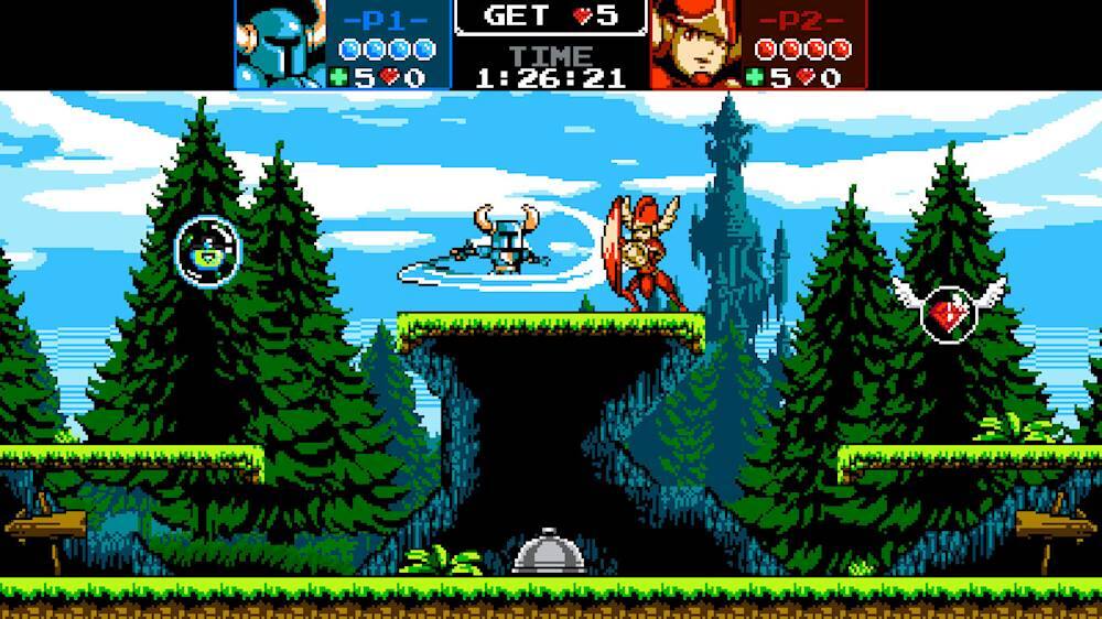 The image displays a video game featuring two characters, one with a sword and the other with a bow, fighting in a forest setting. The game is set in a 2D environment, and the characters are positioned on platforms. The game is currently at 1:26:21, and the player has a time of 590. The game is likely a side-scrolling action game, with the characters engaging in combat and exploring the forest.