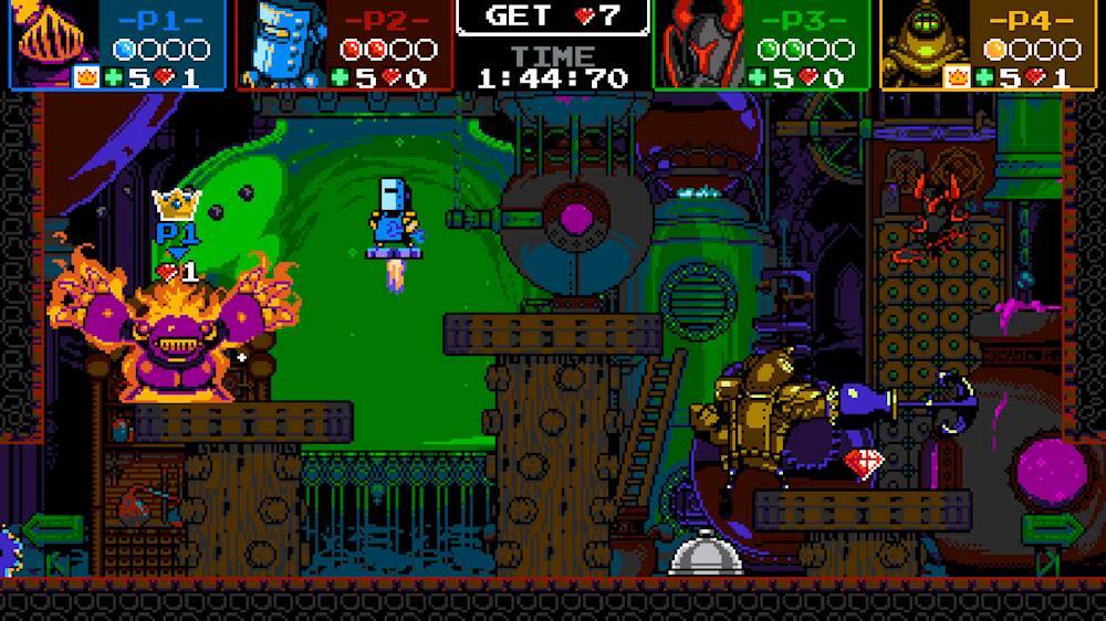 The image shows a video game with a character standing on a platform. The game is set in a dark environment with a green background. The character appears to be in a green swamp, surrounded by various objects such as a car, a truck, and a boat. The game is likely an action-adventure game, as the character is equipped with a sword. The game is displayed on a screen, and the character is positioned in the center of the scene.
