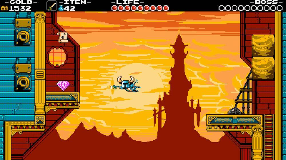The image features a video game with a character flying through the air. The game is set in a castle, and the character is moving towards the castle. The game has a retro style, and the character appears to be a spaceship. The game is set against a backdrop of a sunset, adding to the overall atmosphere of the scene.