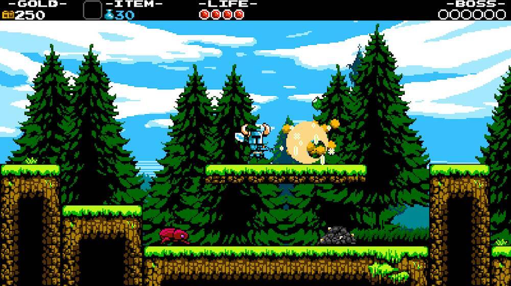 The image features a video game with a character jumping over a gap, surrounded by trees. The character is in the air, and there are two other characters in the scene. The game appears to be a platformer or an action game, with the character possibly fighting a boss. The image also includes a scoreboard displaying the player's progress, including the number of lives remaining and the current score.