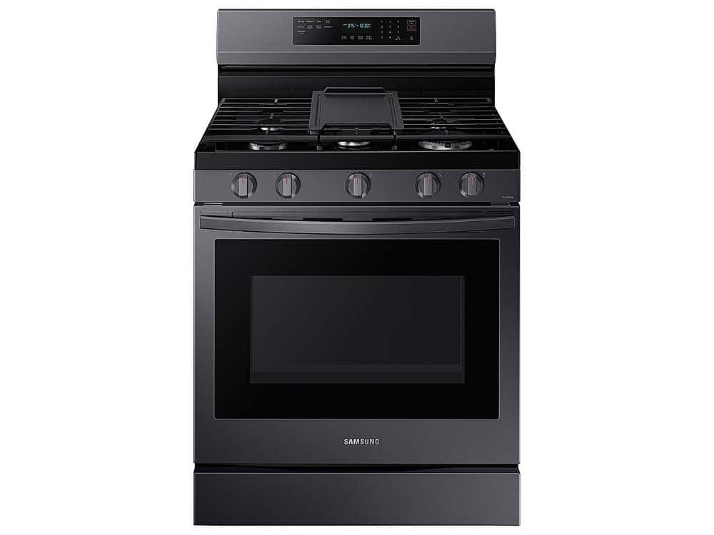 Samsung - Open Box 6.0 Cu. Ft. Freestanding Gas Convection Range with WiFi and No-Preheat Air Fry - Black Stainless Steel - Front_Zoom