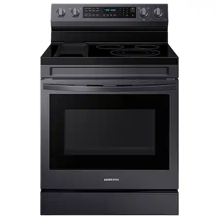Front. Samsung - 6.3 cu. ft. Freestanding Electric Convection+ Range with WiFi, No-Preheat Air Fry and Griddle - Fingerprint Resistant Black Stainless Steel.
