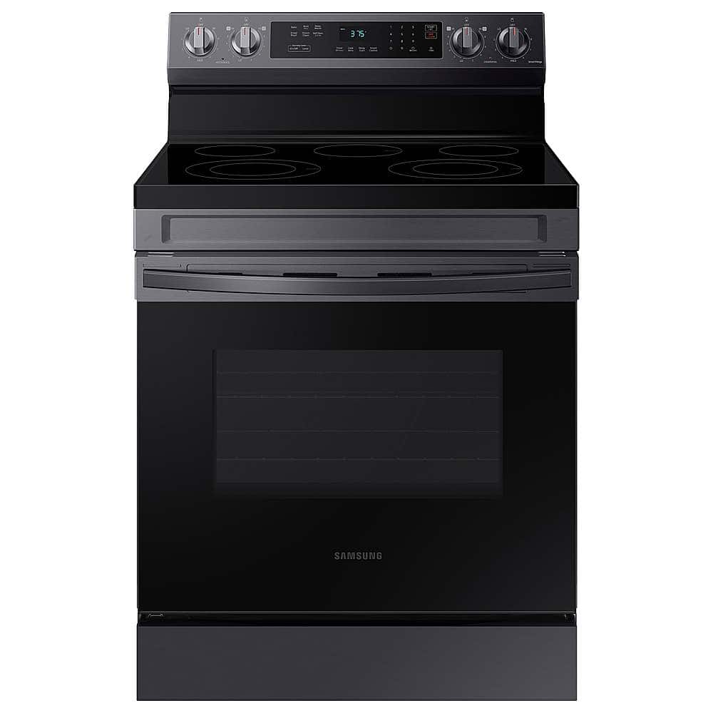 Front. Samsung - 6.3 cu. ft. Freestanding Electric Range with Rapid Boil, WiFi & Self Clean - Fingerprint Resistant Black Stainless Steel.