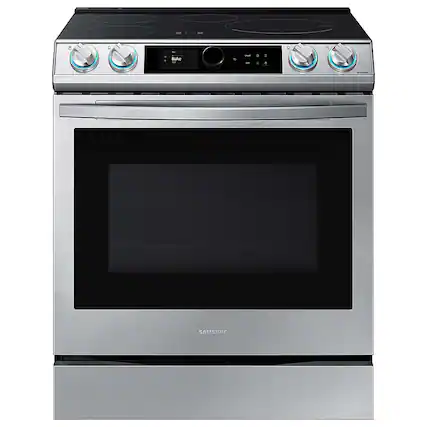 Front. Samsung - 6.3 cu. ft. Slide-in Induction Range with Smart Dial, WiFi & Air Fry - Stainless Steel.