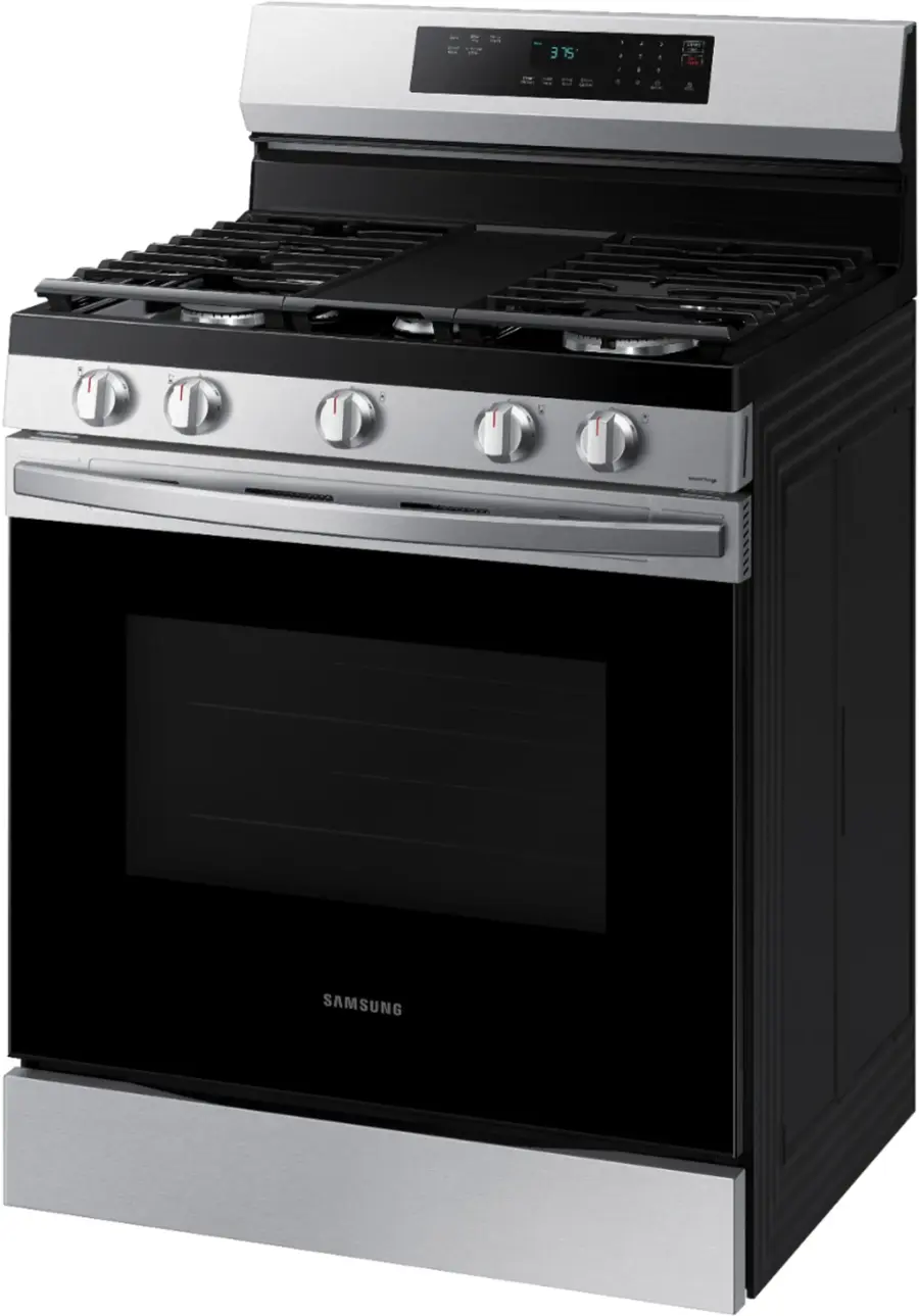 Samsung oven with a black door and silver handle.
