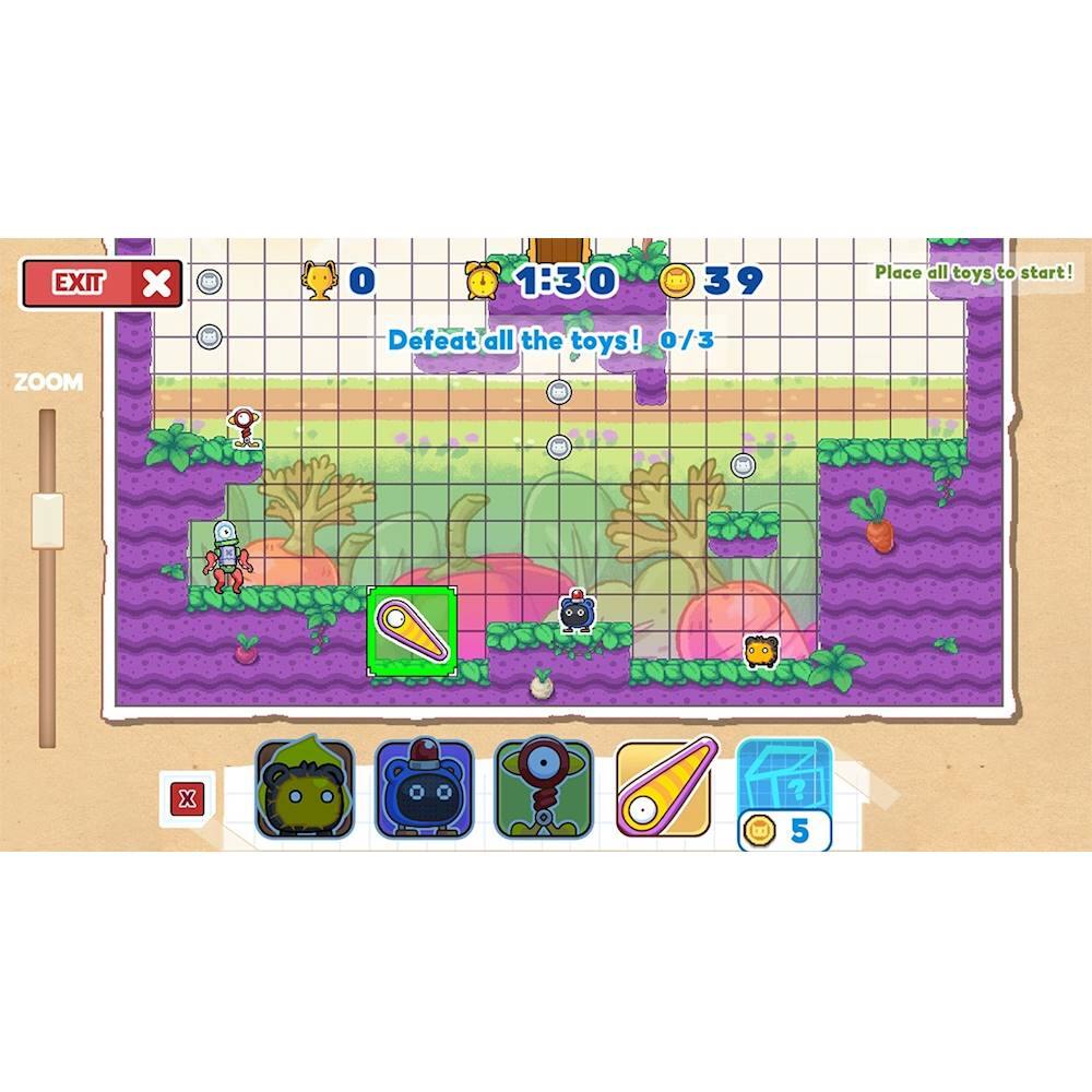 The image features a video game with a character holding a baseball bat, surrounded by various toys. The game is set in a maze, and the objective is to defeat all the toys. The game is currently at 1:30, with 39 toys remaining to be defeated. The player needs to place all the toys to start the game.