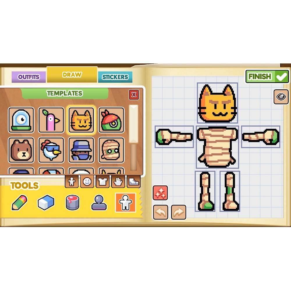 The image features a drawing application with a template of a cat, which is being used to create a mummy cat. The application provides various tools, such as stickers and outfits, to help users design their creations. The user can choose from different outfits and stickers to add to their drawing, making it a fun and interactive experience. The image also shows a cat with a mummy-like appearance, indicating that the user is working on a mummy cat design.