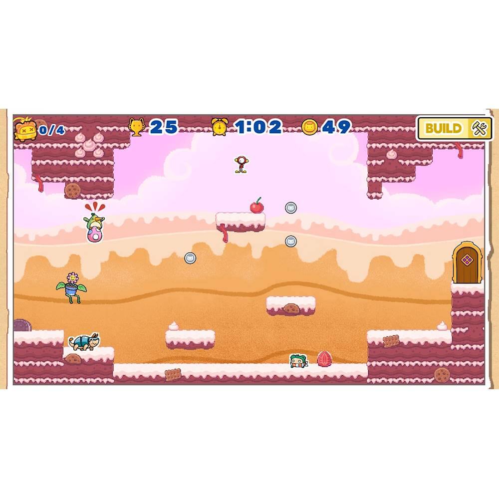 The image features a video game with a character walking through a desert-like environment. The game's title is "Build," and the character is on a mission to collect items such as apples and oranges. The game is set in a colorful world, and the character is actively engaged in the gameplay. The game's objective is to collect items and build structures, making it an engaging and entertaining experience for players.
