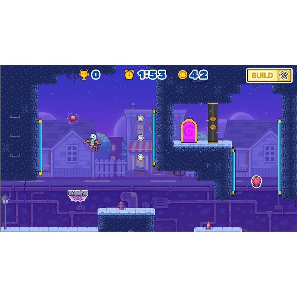 The image depicts a video game with a character riding a skateboard and jumping over obstacles. The character is in the air, and there are several clocks visible in the scene. The game is set in a town with houses and a clock tower. The game also features a build option, which could be related to customizing or upgrading the character's skateboard or other aspects of the game.