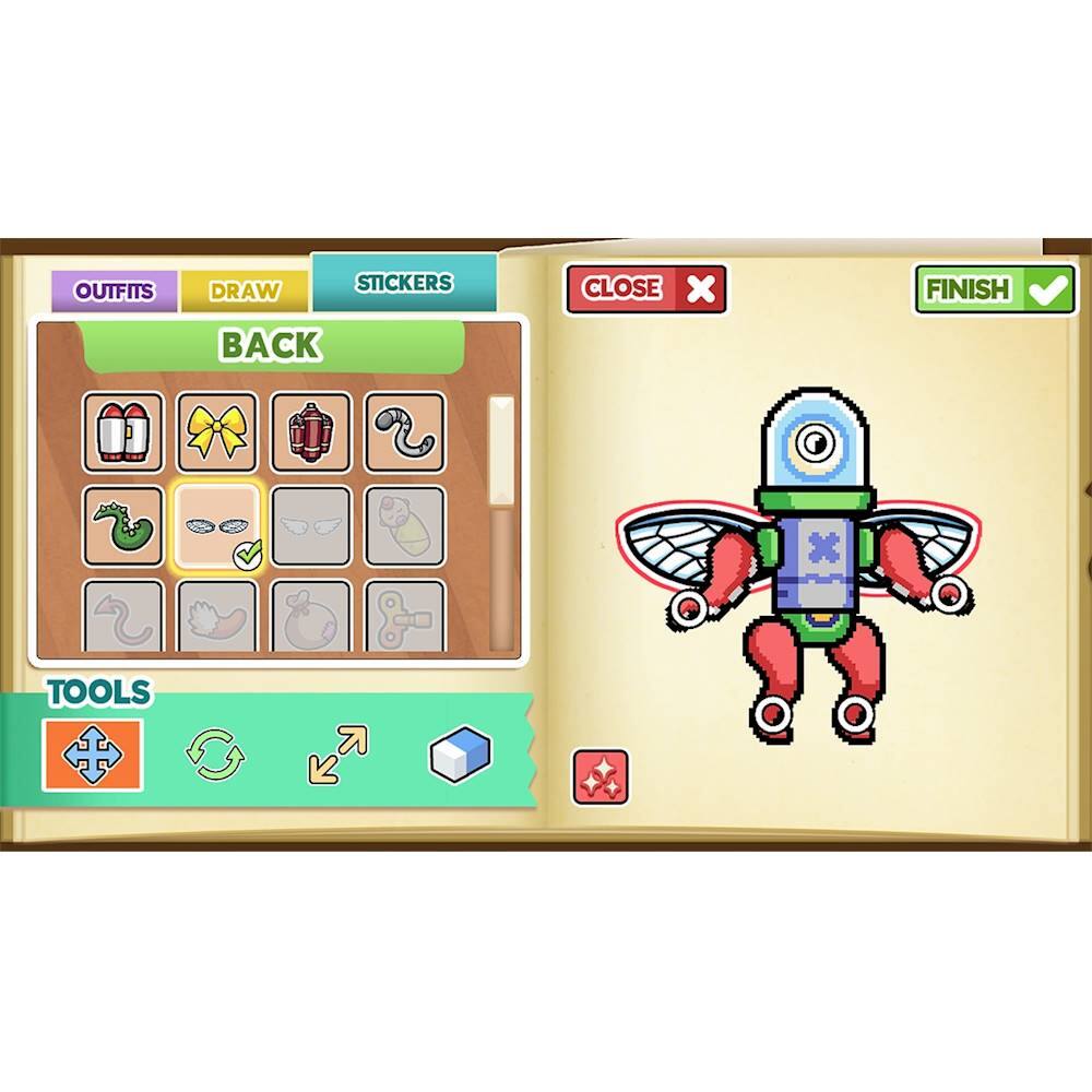 The image features a children's game with a robot character and a book. The game is divided into sections, including Outfits, Draw, Stickers, and Tools. The user can choose from various outfits for the robot character, draw different elements, and add stickers to the character. The game also offers tools to help with the creative process. The image shows the character in a book, indicating that the game might be related to storytelling or learning.
