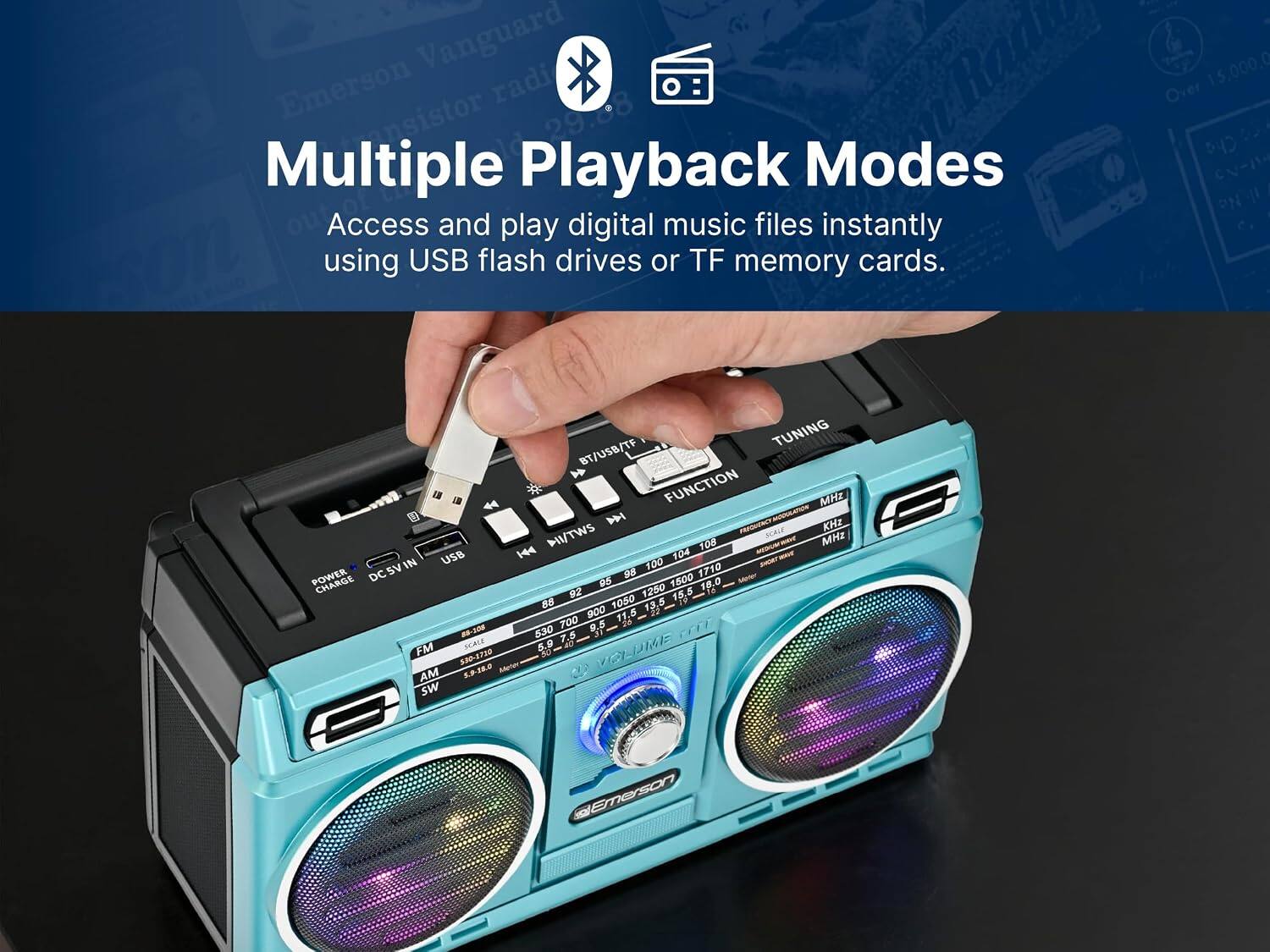 Vanguard Ralo Emerson Radiator Multiple Playback Modes Access and play digital music files instantly using USB flash drives or TF memory cards. 15,000 Over Cha CN PN I C. TUNING BT/USB/TF H  J * FUNCTION MHE  NI/TWS M cenderncy BCRUE -t KHz B BOF MHZ USB H4 104 SV IN 1D0 1710 DC 9 CHARGE P5 1500 1.0 9 1250 18.5 MA 68 1050 13.5 FE 900 11.8 2 700 8.5 26 CHT 88-108 530 7.5 JI FM SKALE 5.9 ad EIMLLEY 520-1720 3 910 Aoting_torcr AM SW